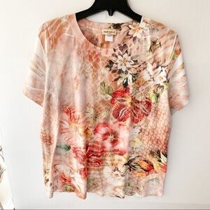 Studio Gem XXL Cream Red Floral Embellished Short Sleeve Top